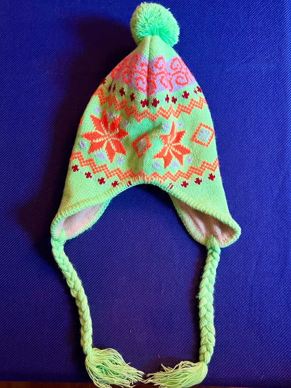 Neon Green Knit Earflap Hat Snowflake Winter Ski Beanie Trapper Chullo